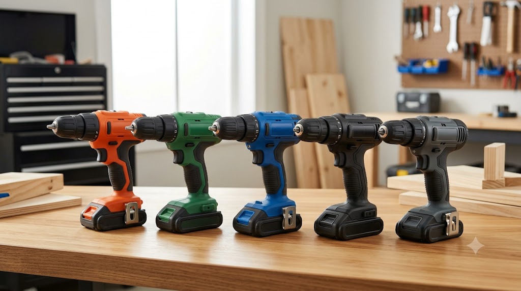 Selection of budget cordless drills evaluated side by side on a home workshop workbench