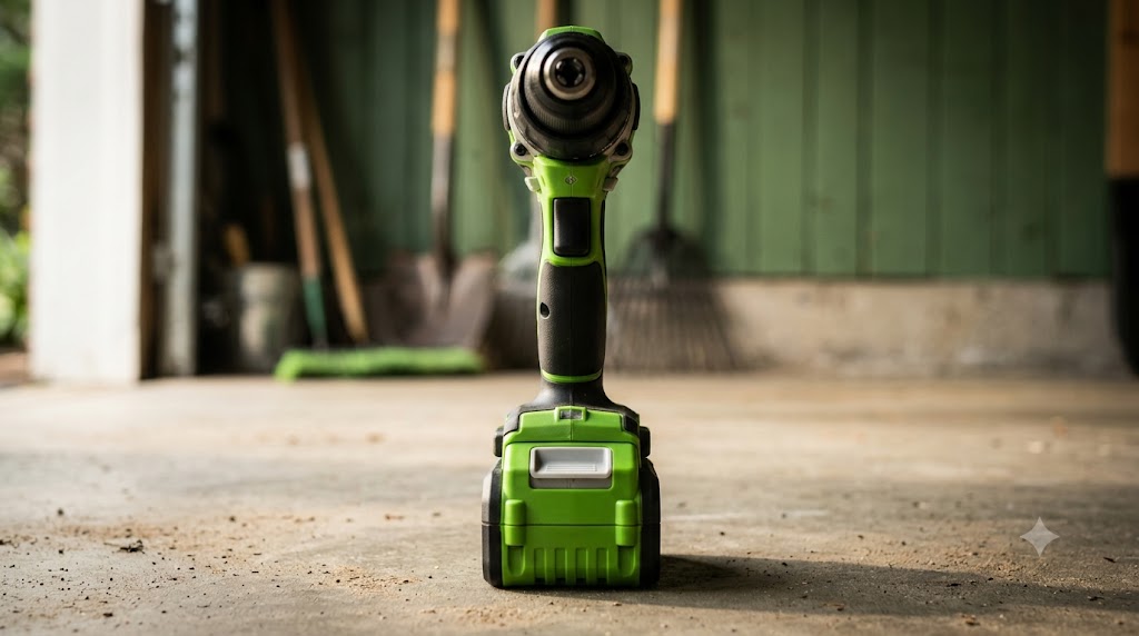 Greenworks 24V cordless drill showcasing the protective high capacity lithium cell base