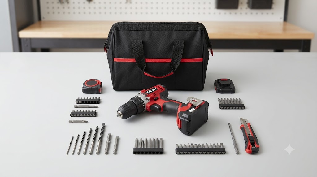Hyper Tough 20V MAX drill displayed along with its accompanying accessory tool array storage bag